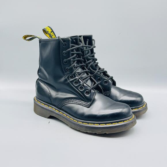 Dr Martens Boot Women 6 Black Leather Ankle Lace Up Combat AirWair Yellow Stitch - Picture 2 of 11